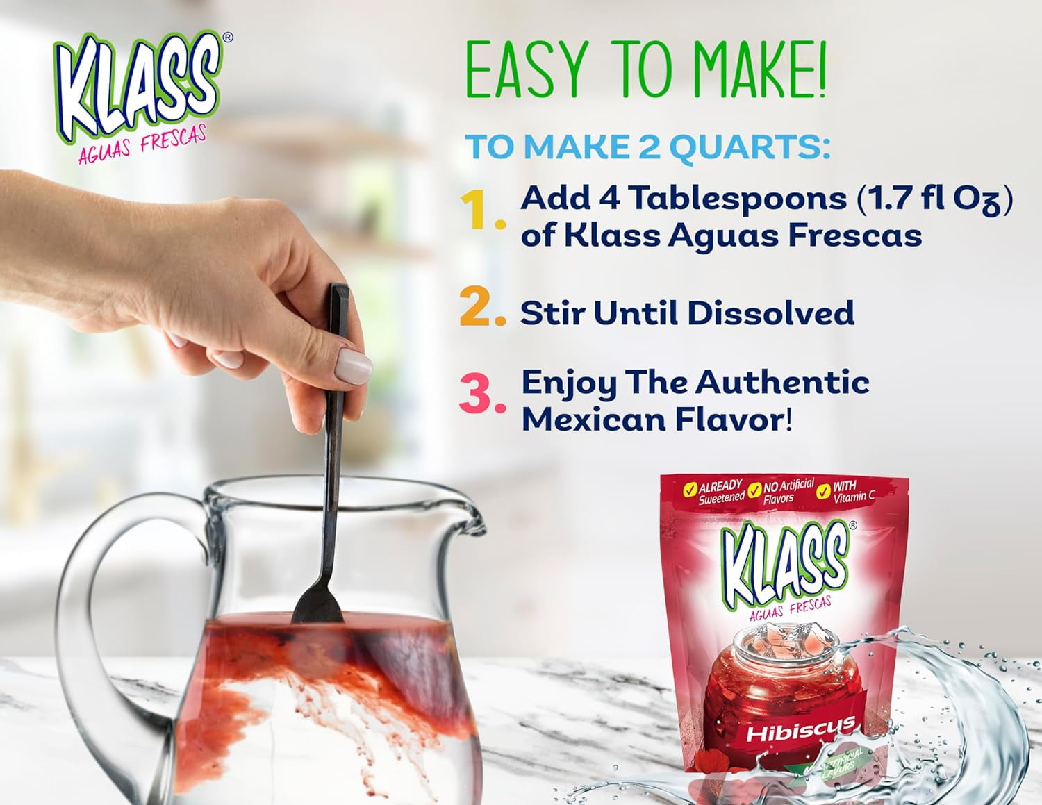 (6 pack) Klass Aguas Frescas Hibiscus, with Vitamin C, Multiserve, Powdered Drink Mix, 14.1oz