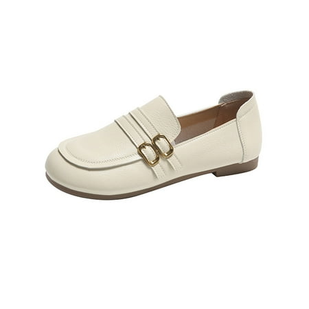 

SIMANLAN Womens Loafers Slip On Flats Comfort Casual Shoes Women Fashion Flat Shoe Buckle Beige 4.5