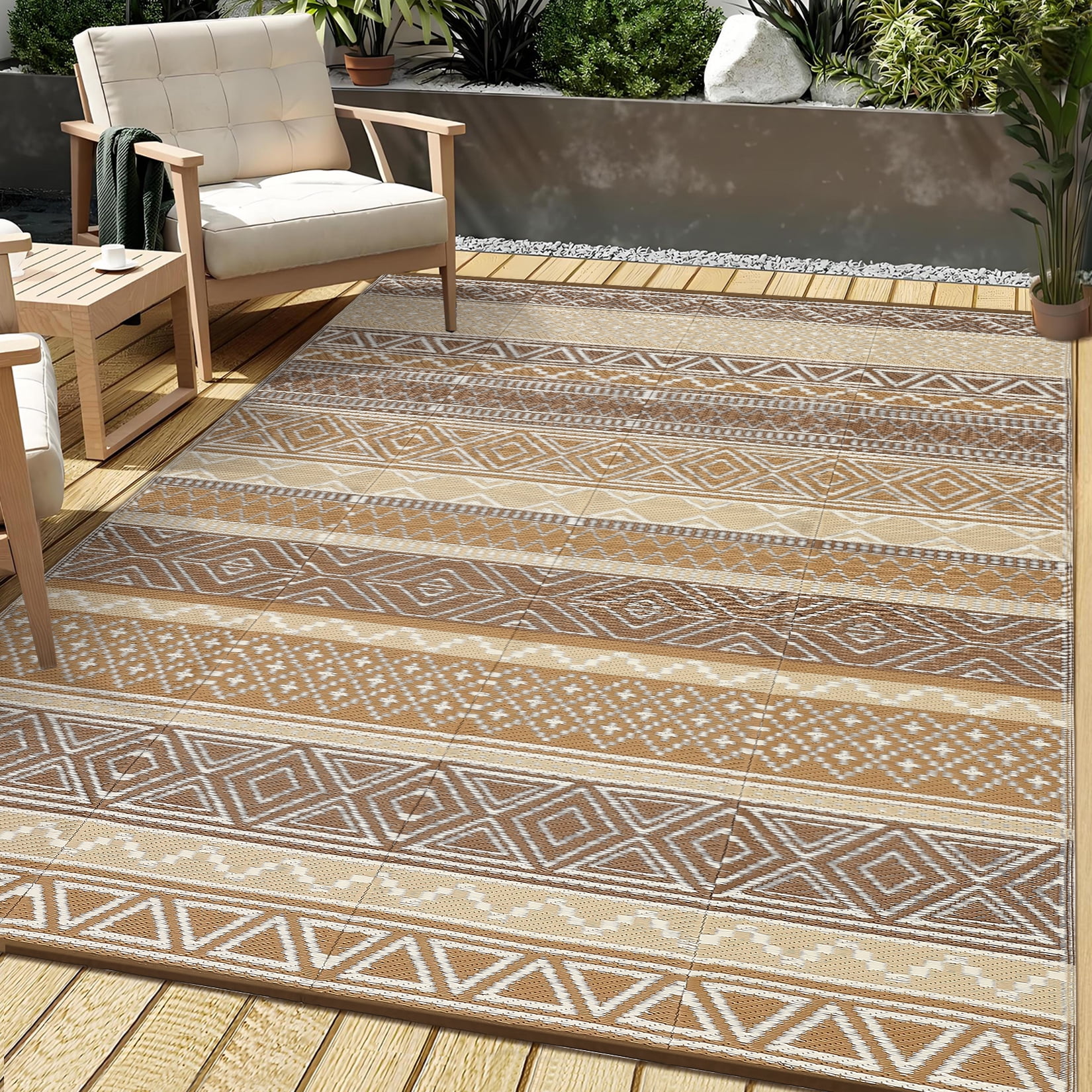 HIWEAVER 10' x 14' Camel Outdoor Rug PP Plastic Straw Woven Waterproof Patio Rug with Border Portable Outside Carpet for Balcony Deck Picnic Garden Decor