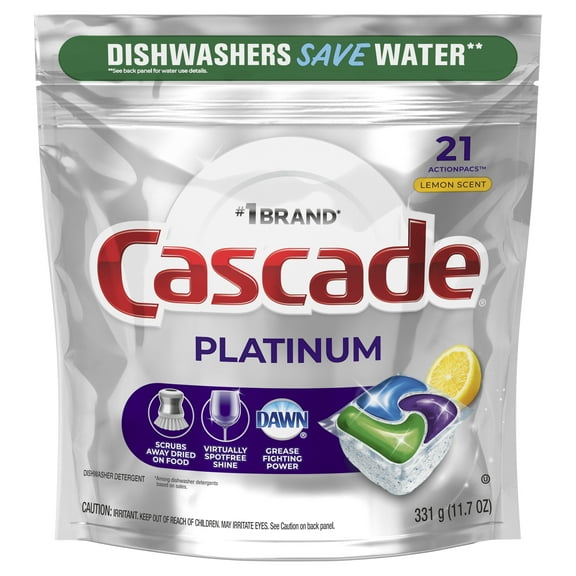 Cascade Pacs Dishwasher Detergents, Lemon Scent, 11.7 Ounce, 21 Count