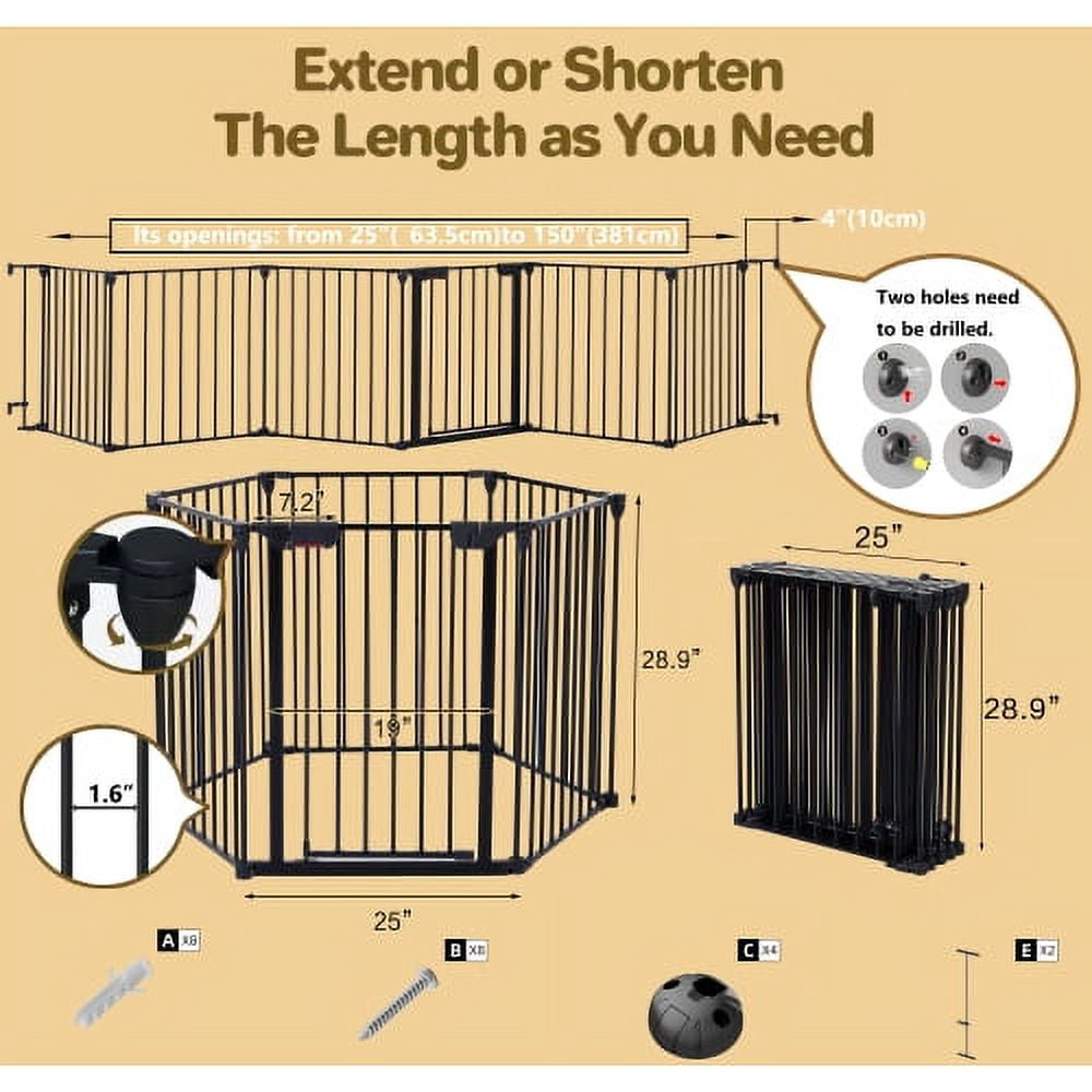 150" Freestanding Pet Gate,Foldable Metal Dog Gate, 6 Panel Step Over Fence With Child Proof Double Locking System Extra Wide Free Standing Tall Dog Gates for Doorways,House,Stairs,Porch,Deck,Yard