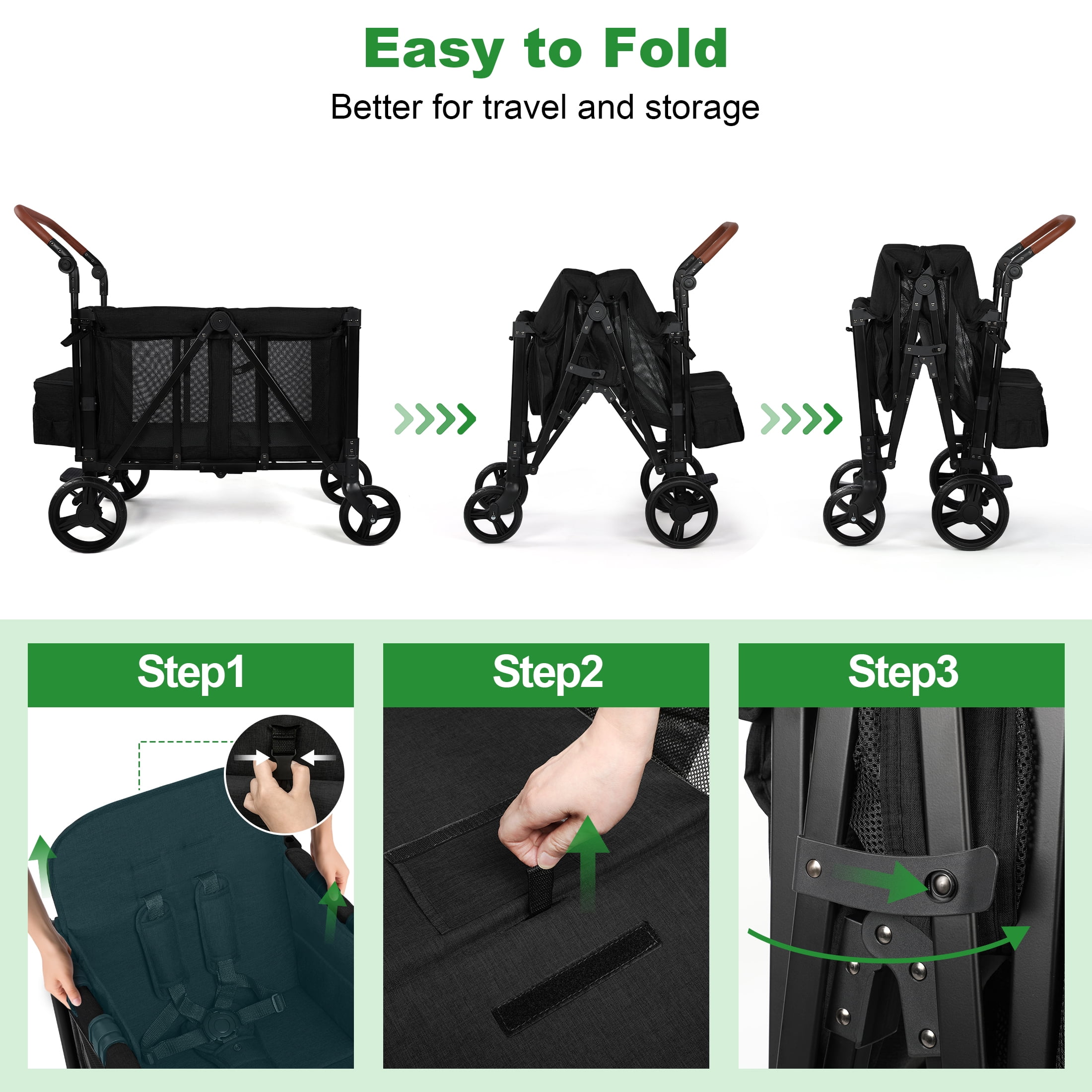 Vomeast Wagon Stroller for 2 Kids, 3-in-1 Outdoor Baby Stroller Wagon with Canopy, 5-Point Harness, Adjustable Handlebars, Removable Seat for Toddlers, Black