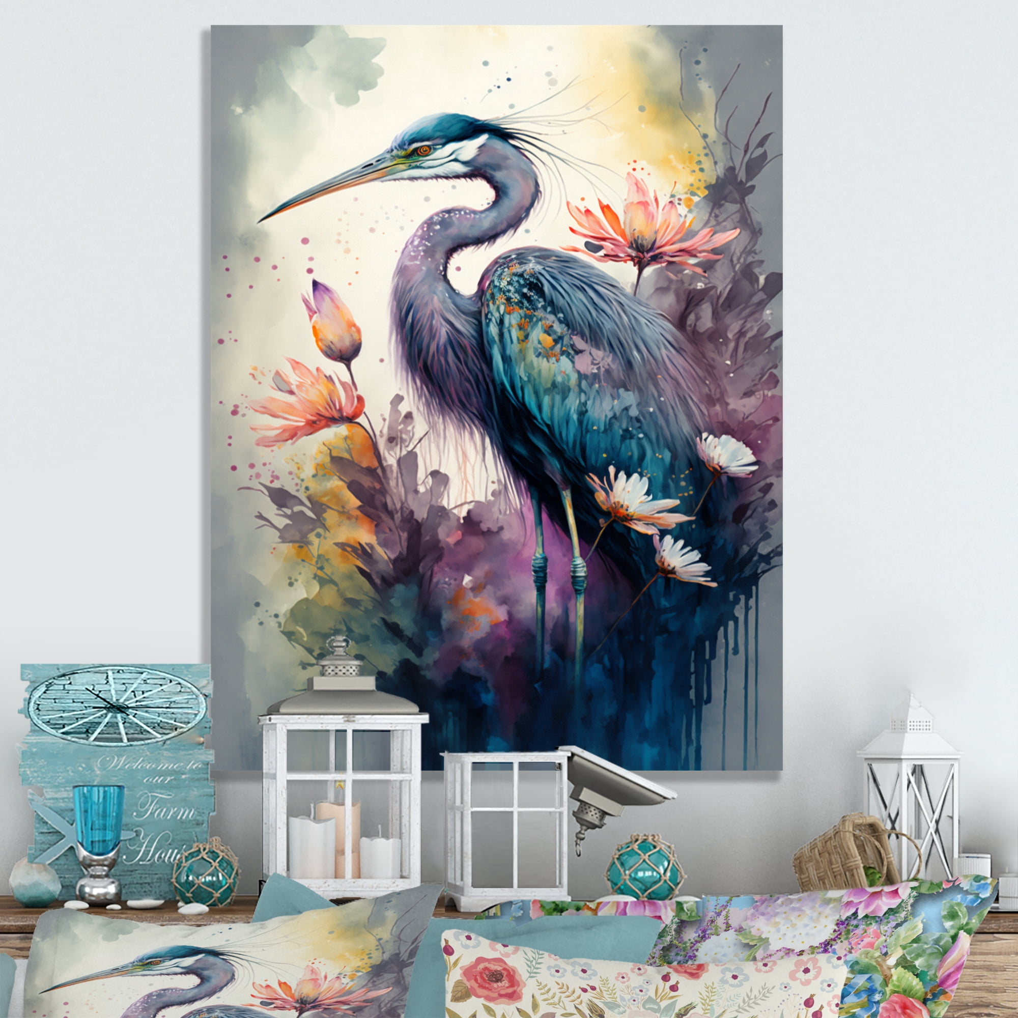 Designart Cute Heron Floral Art II Canvas Wall Art