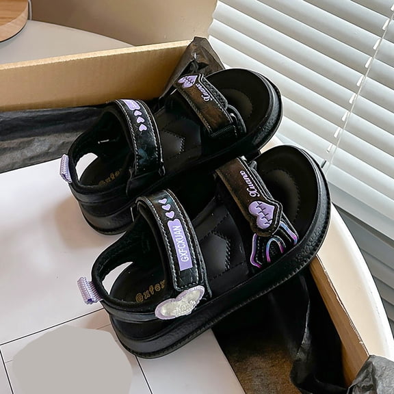ITSAME Girls Flat Sandals, Soft Sole Adjustable Strap Open Toe Kids Fashion Comfortable Beach Sandals Black 6.5(Little Kids)