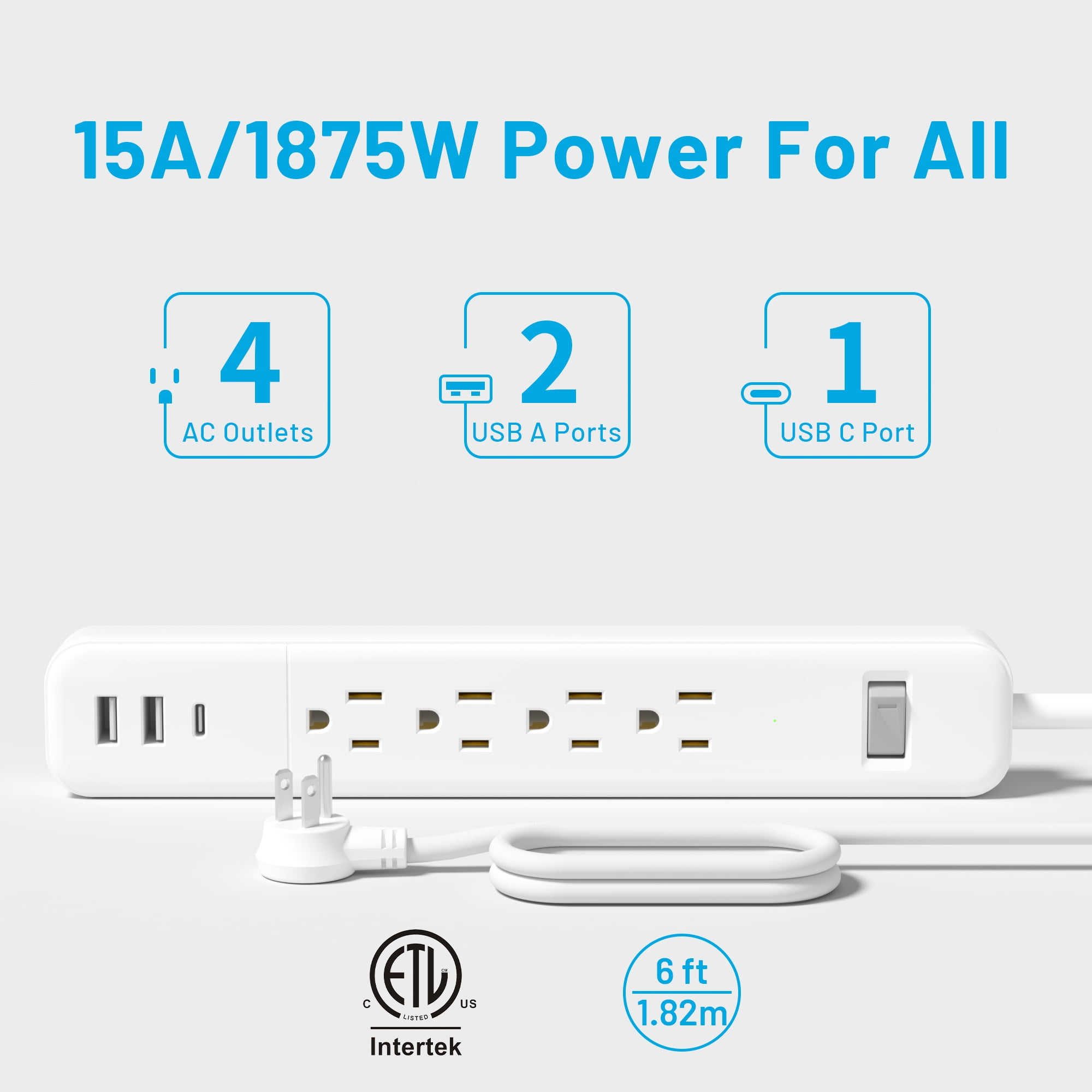 2 Pack Power Strip Surge Protector with USB Ports, White Extension Cord 6 Feet 3 Prong, 4 outlets, 3 USB Ports, 1875W/15A, Wall Mountable, Plug Strip Surge Protector 1500J for Home Office