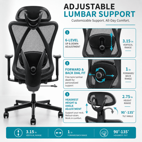 High-Back Ergonomic Office Chair with Adjustable Lumbar, Headrest & Armrests, 90-135° Tilt Lock, Quiet Casters – Home, Gaming, Computer