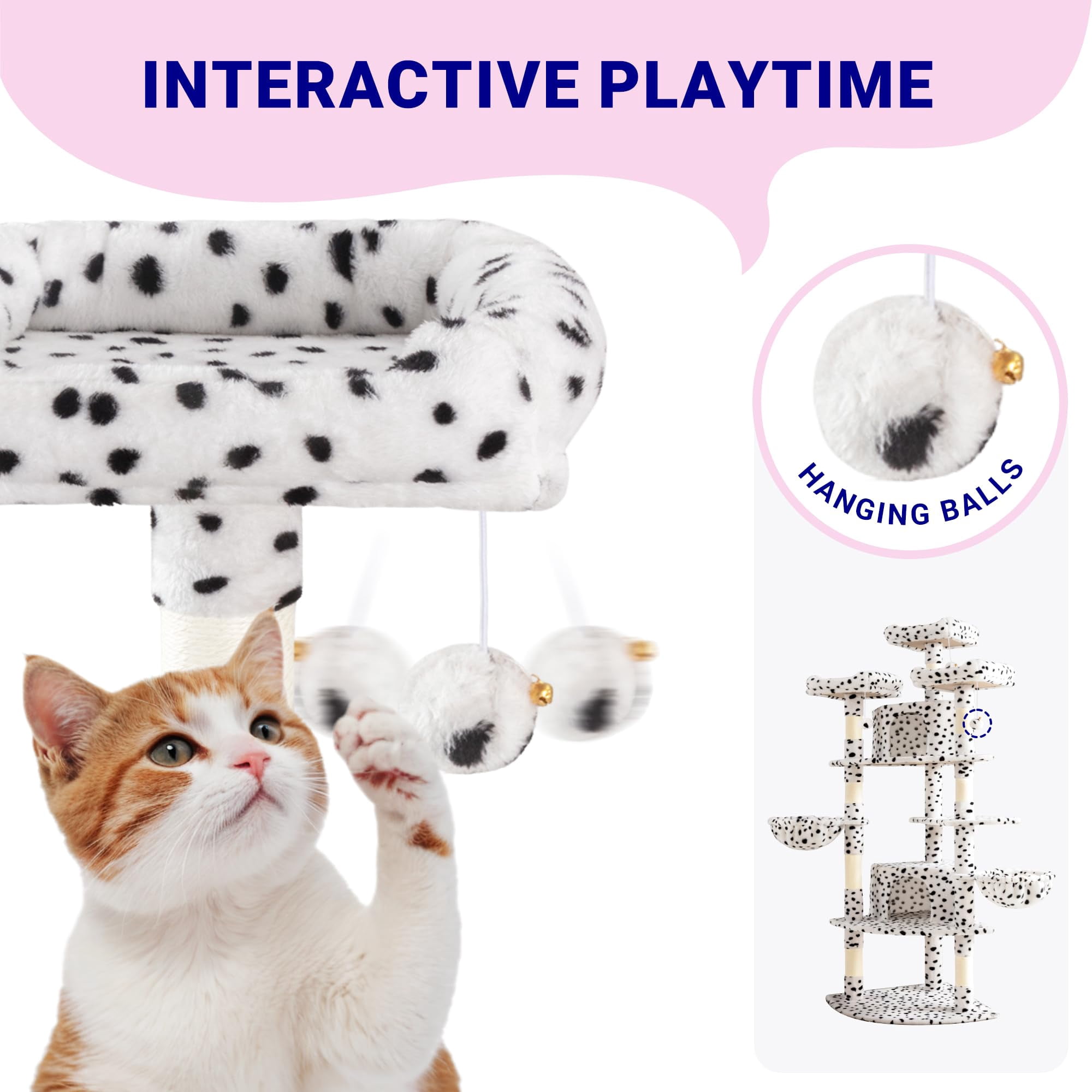73in Fan-shaped Space-saving Corner Cat Tower/multi-level Tall Tree For Indoor Kitties/cozy Baskets/condos/house/perches/sisal Posts/pet Activity Center/white & Black Spot