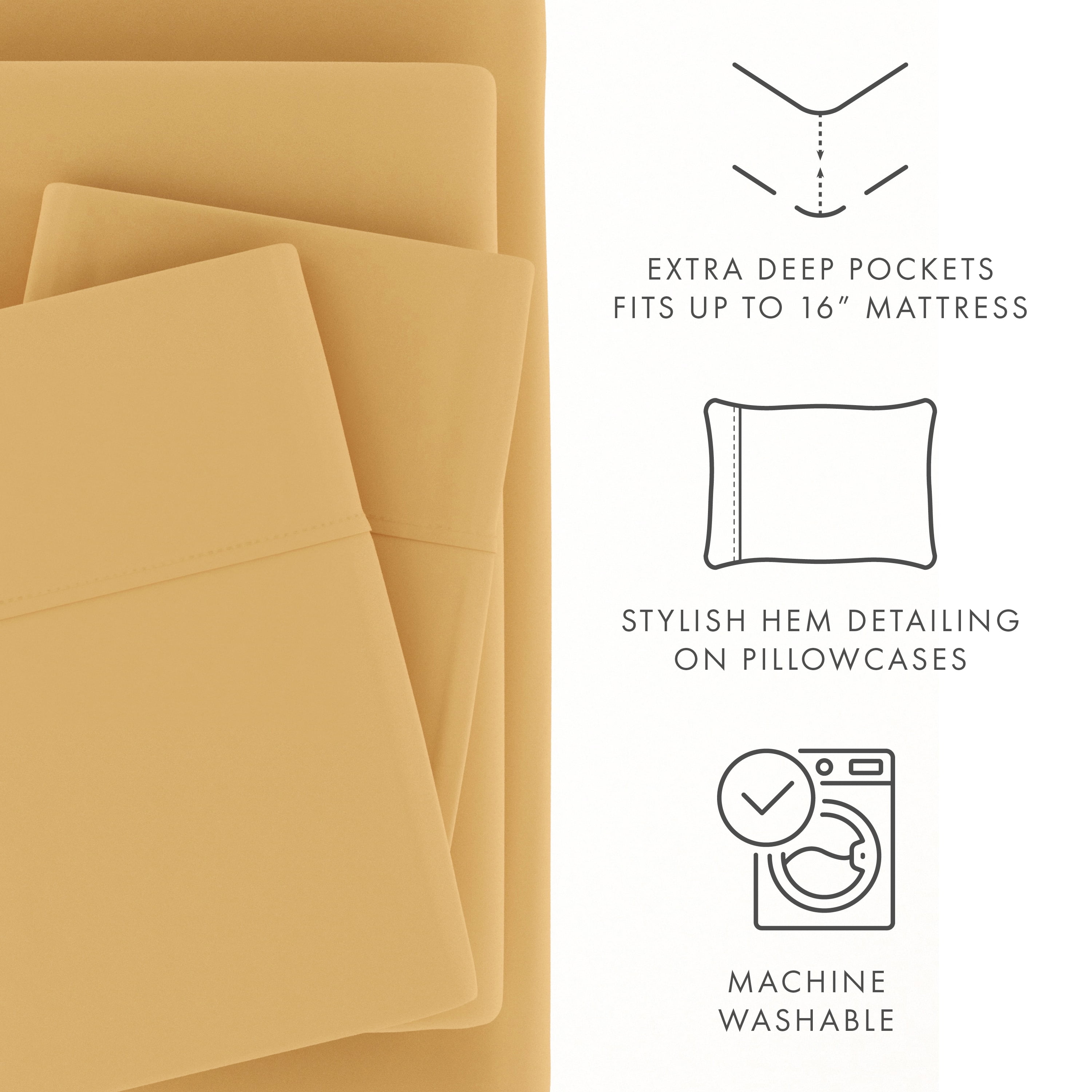 Noble Linens 4 Piece Solid Microfiber Bed Sheet Set, Gold, California King