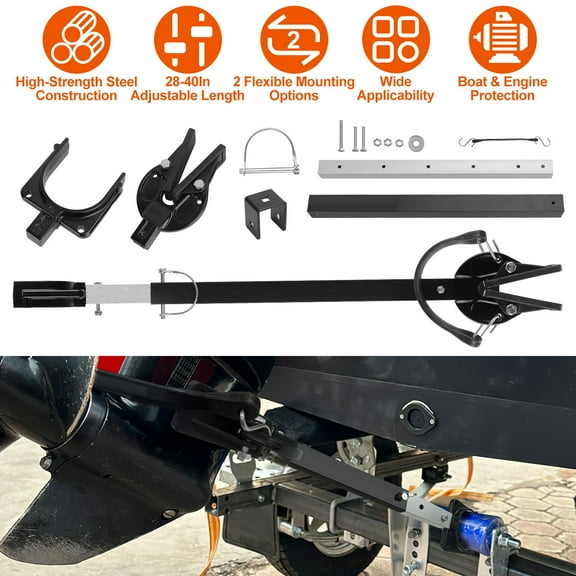 Adjustable Boat Transom Saver, 28-40 Inch Outboard Motor Support for Trailering, Heavy Duty Steel with Rubber Strap & 2 Mount Kits (Trailer/Roller), Fits Motors Under 100 HP with Power Trim