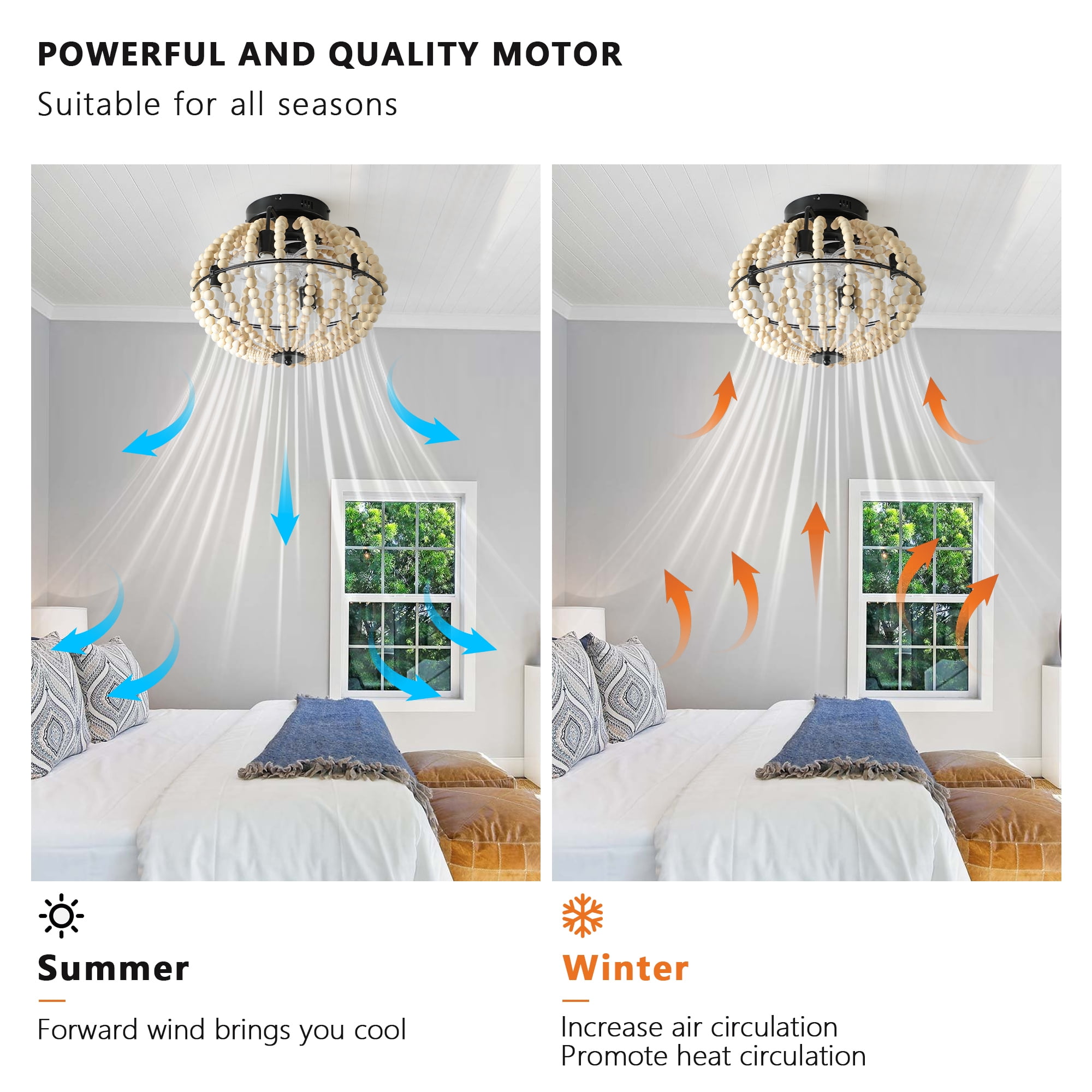 Jopath 18" Bohemian Wood Beaded Ceiling Fan with Light, Flush Mount Caged Ceiling Fan, Rustic Farmhouse Low Profile Fan Light Fixture for Indoor Home Decor (Silent/6-Speed/Reversible) (No Bulbs)