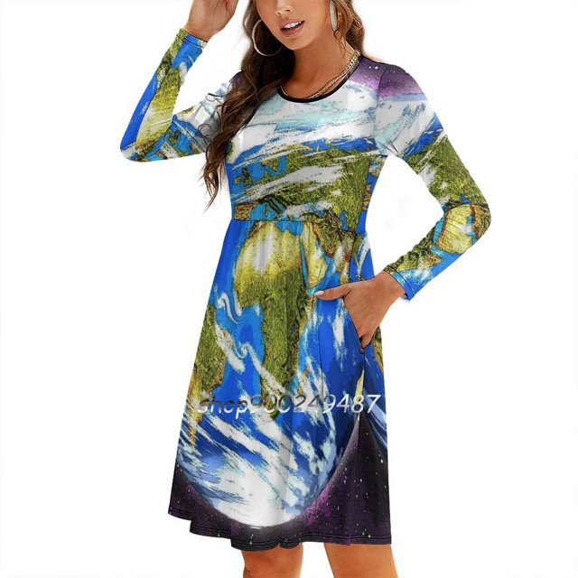 Planet Earth In Space Sweetheart Knot Flared Dress Fashion Design Large Size Loose Dress Planet Earth Space Solar System