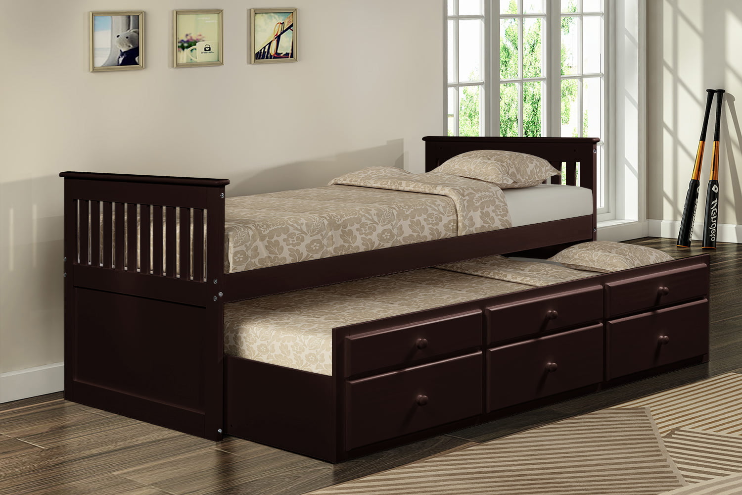 Farmhouse Style Daybed Bed With Trundle, Solid Wood Twin Sleigh Bed With Trundle