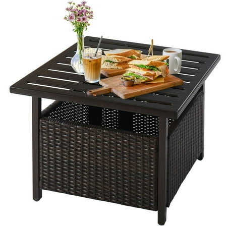 Demifill Outdoor Patio Rattan Wicker Steel Side Deck Table, Outdoor Patio PE Rattan Table with Rugged Durable Steel Frame, Black