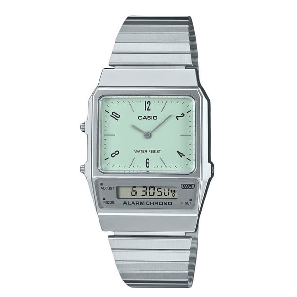 Casio Reloj Unisex Vintage Analógico Digital de Doble Horario, Pulsera de Acero Inoxidable, Esfera Verde, Cuarzo AQ-800E-3A