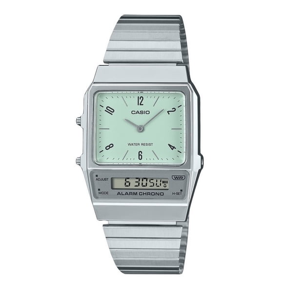 Casio Reloj Unisex Vintage Analógico Digital de Doble Horario, Pulsera de Acero Inoxidable, Esfera Verde, Cuarzo AQ-800E-3A