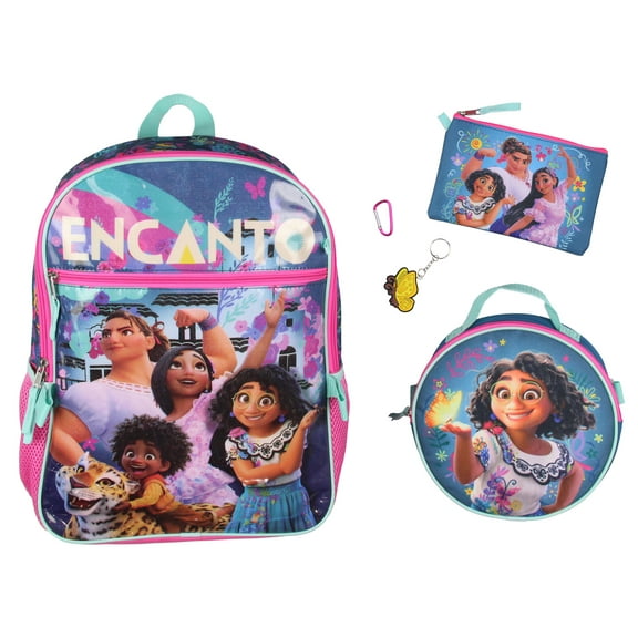 Disney Encanto 5 Pc Backpack Set Lunch Box Pencil Case Keychain and Carabiner 16"