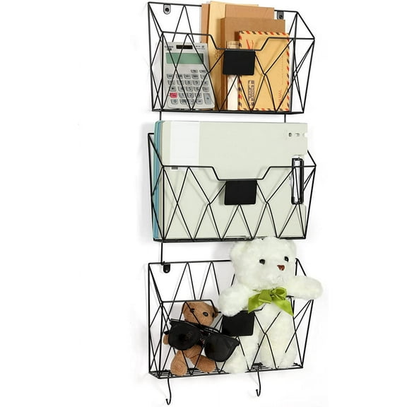 Hanging Wall File Holder Wall Mount Metal Wall File Organizer 3 Pockets Mail Organizer with Hooks for Office Home,Black