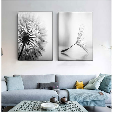 Set Of 2 Prints Dandelion Flower Canvas Painting Modern Black White Wall Art Pictures for Living Room Home Decoration No Frame