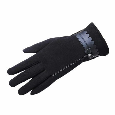 Leather Motorbike Gloves Warm Lady’s Autumn Winter Touchscreen Gloves Micro Velboa -lined Thickened Leather Gloves with Bowknots Gloves for Cycling Black ()