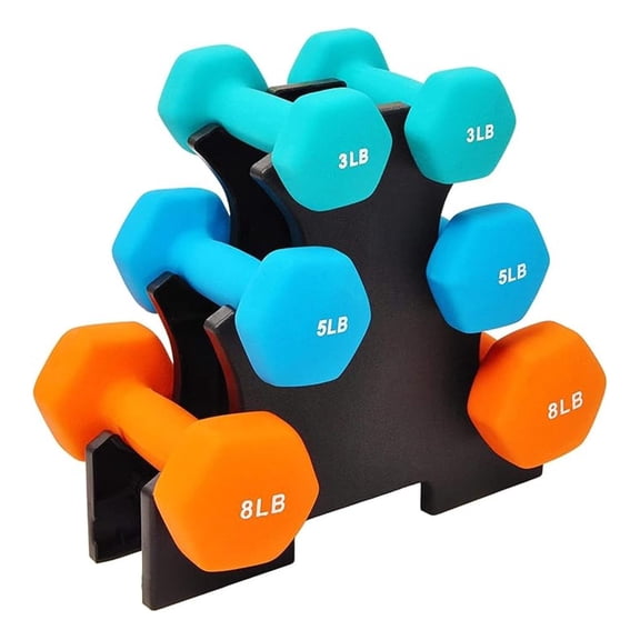 Signature Fitness Neoprene Coated Dumbbell Set with Stand (3lbs, 5lbs, 8lbs Set), Multicolor