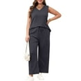 thumbnail image 5 of bbyeadc Travel Outfits for Women 2 Piece Sets V Neck Sleeveless Lounge Travel Outfits for Women Wide Leg Drawstring Matching Sets Women Soft Sets for Women Clothing, Navy L, 5 of 6
