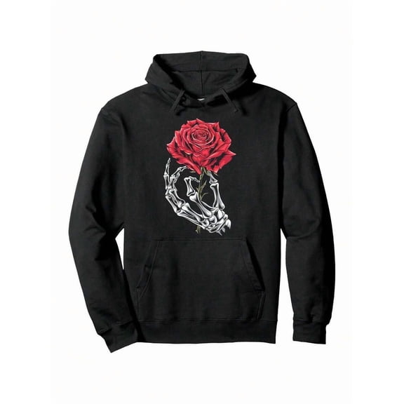 Men'S Gothic Skeleton Hand & Red Rose Print Hooded Sweatshirt - Black Stretchy Pullover Hoodie With Pocket, Gothic Floral Design For Halloween & Casual Attire, All-Season Casual Sleeve Hoodie For Men