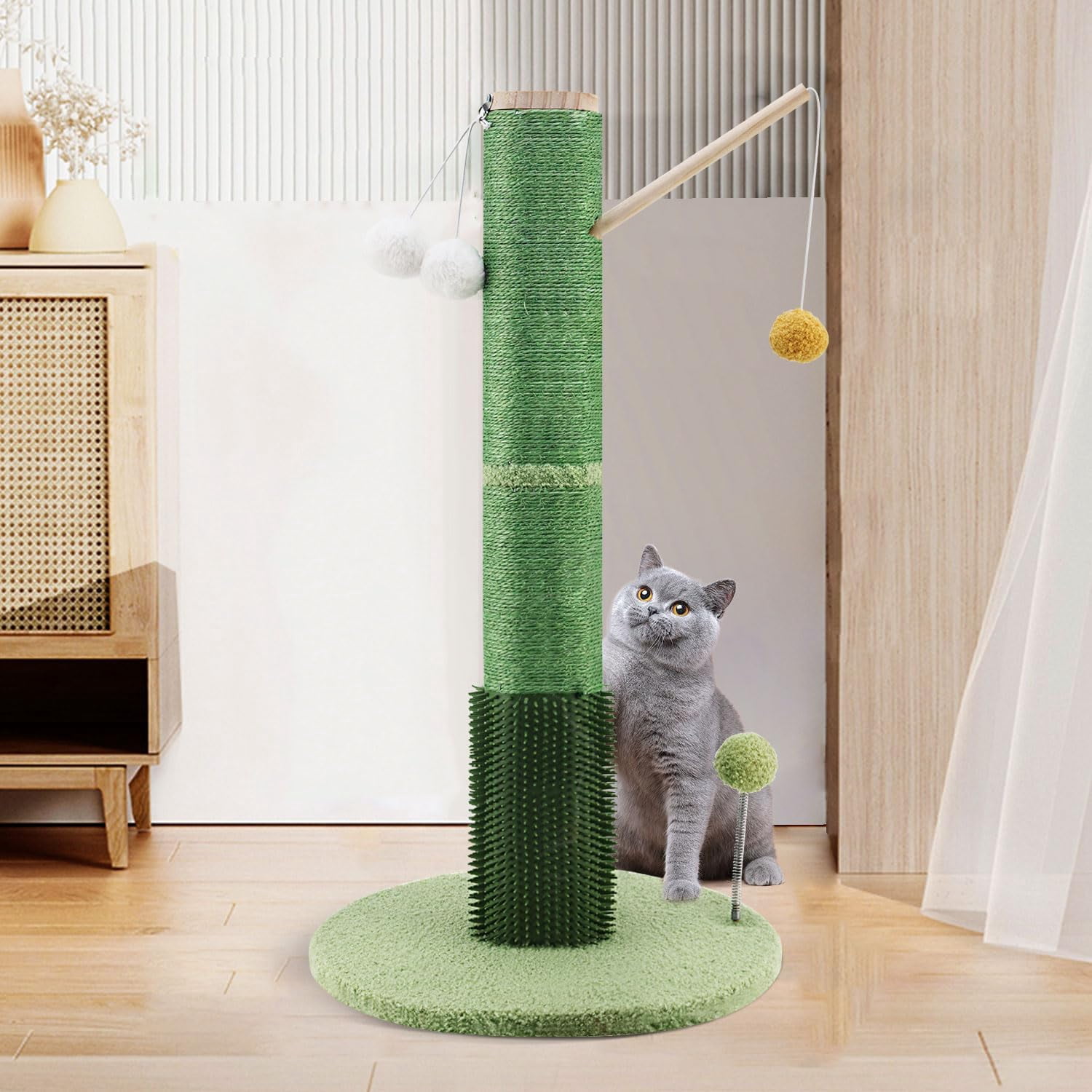30" Tall Cat Scratching Post with Self Groomer Cat Brush, Sisal Scratch Posts with Removable Cat Teaser, Kitten Claw Scratch 4 Dangling Toy Balls, Cat Scratcher Post for Indoor Cats and Kittens