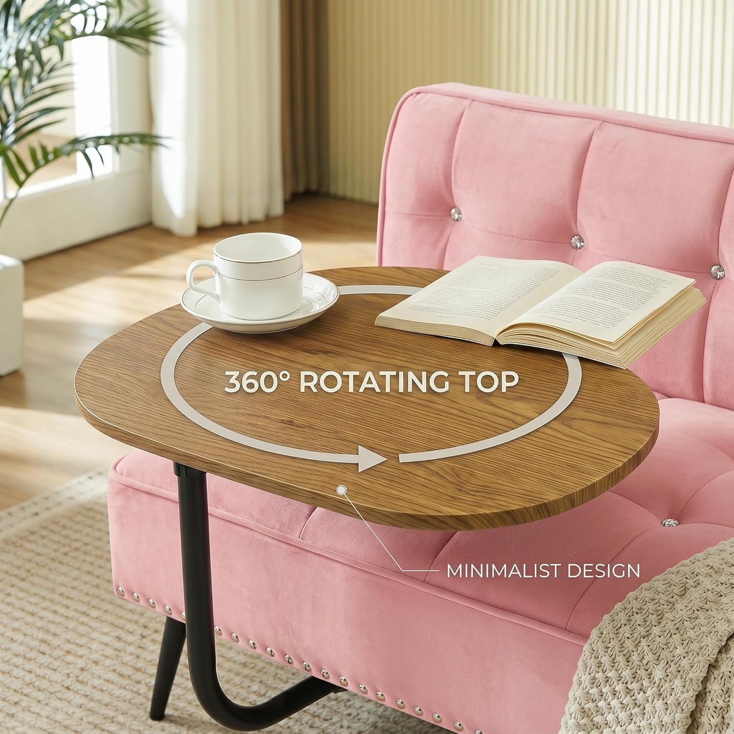 MOONMISS 54 inch 2-Seater Velvet Sofa with 360 Rotating Side Table Space Saving Multi Use Bench Office Living Room Apartment,Pink
