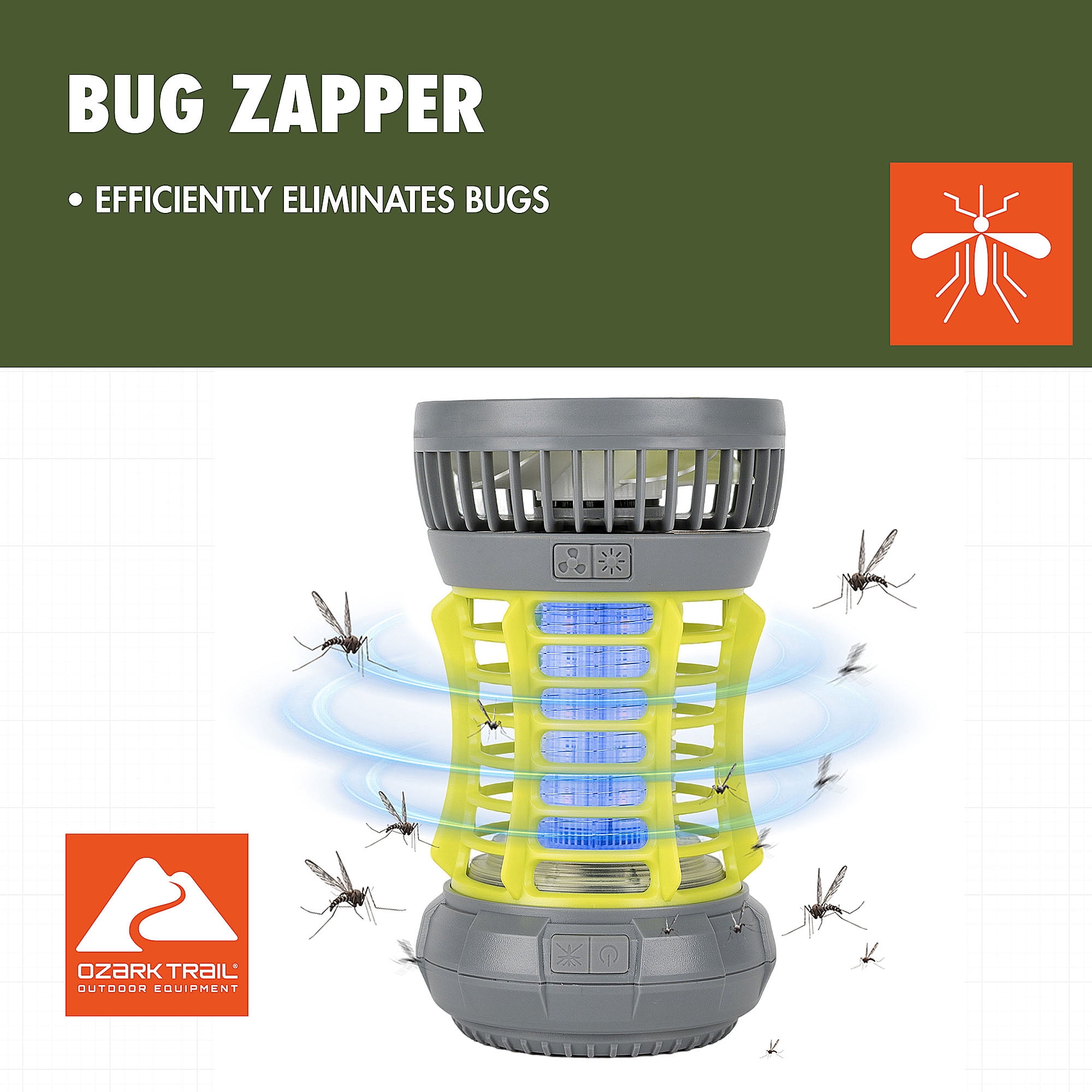 Ozark Trail Bug Zapper, Yellow, 2-in-1 Fan & LED Light, Ourdoor Use, Electronic 5V, Rechargeable