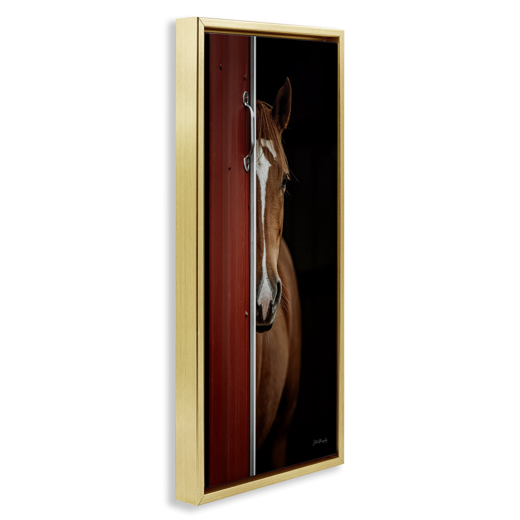 Stupell Industries Brown Stallion Peeking Animals & Insects Photography Gold Floater Framed Canvas Art Print Wall Art, 15 x 31