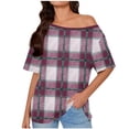 thumbnail image 2 of Inverlee Womens Short Sleeve Plaid Shirts Off Shoulder Tops Summer Casual Loose Outfit, 2 of 6