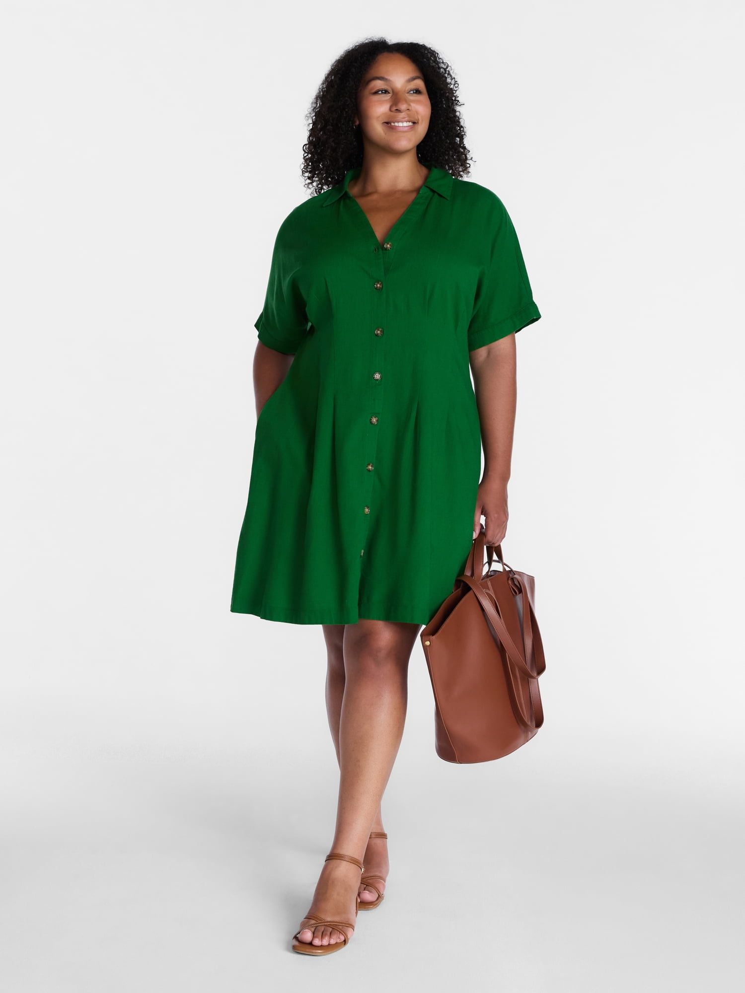 Time and Tru Women's Linen Pleated Waist Fit And Flare Mini Shirt Dress, Sizes XS-XXXL