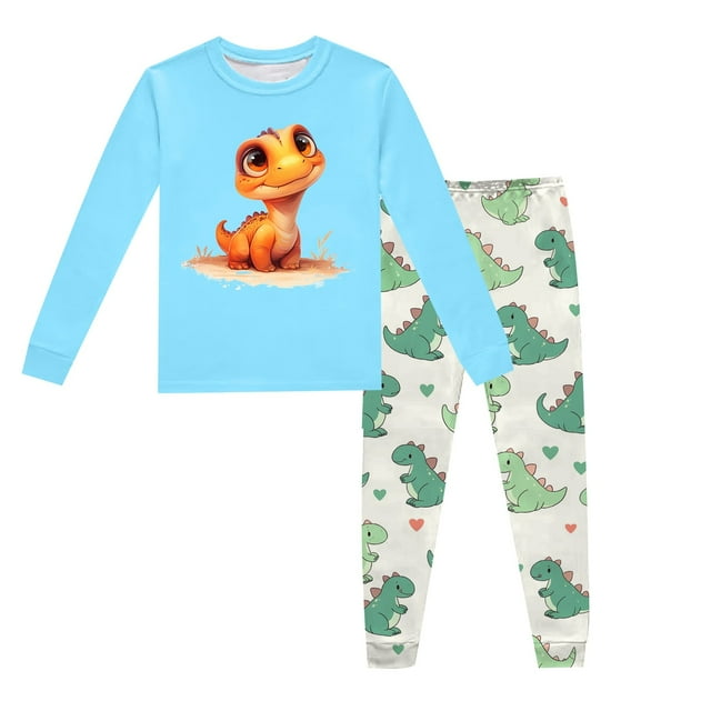 TIWEKE Pyjamas Dinosaure pour Grands Garçons, Ensemble de Pyjama à Manches Longues et Col Rond Imprimé Dinosaure pour Enfants (2-9 Ans) Pantalons de Pyjama Garçons, 6t