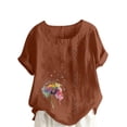 thumbnail image 2 of ALLLIST Summer Tops for Women Brown Cotton and Linen Crew Neck Graphic Button Short Sleeve T-Shirts T Shirts for Women M, 2 of 5