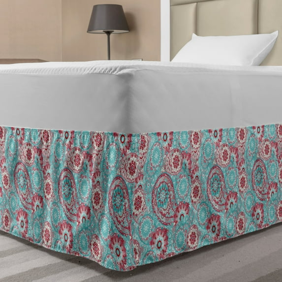 Vintage Bed Skirt, Traditional Oriental Spring Flowers Pattern Paisley Ornamental Eastern Artwork, Elastic Bedskirt Dust Ruffle Wrap Around for Bedding Decor, 4 Sizes, Pink Pale Blue, by Ambesonne