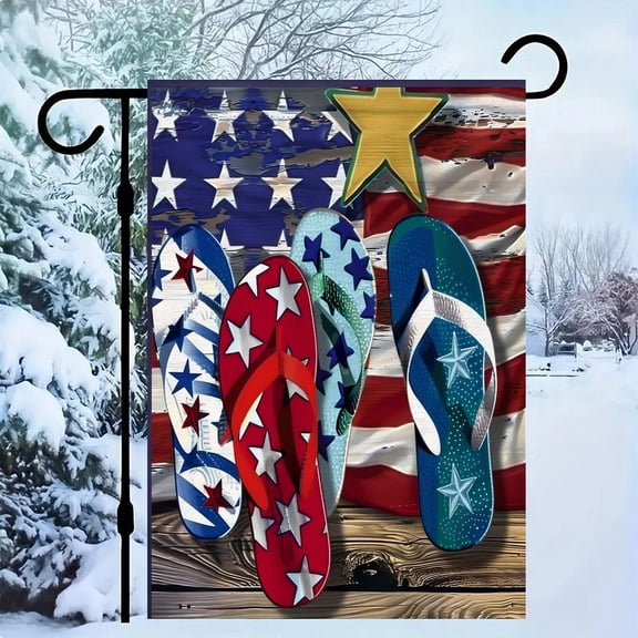 RKSupls Patriotic Linen Double Sided Garden Flag, Independence Day Themed Yard Decor, Patriotic Flip Flops Flag Outdoor Banner for Holiday Lawn