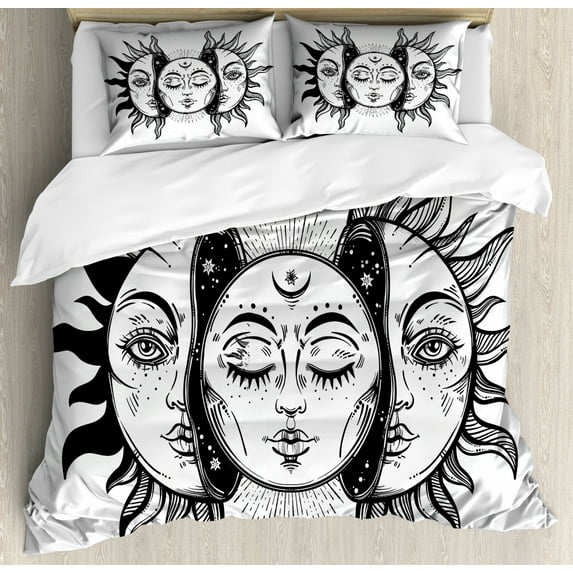Moon Duvet Cover Set King Size, Monochrome Sun and Moon Pattern Oriental Image Asian Culture Inspired Design Print, Decorative 3 Piece Bedding Set with 2 Pillow Shams, Black White, by Ambesonne