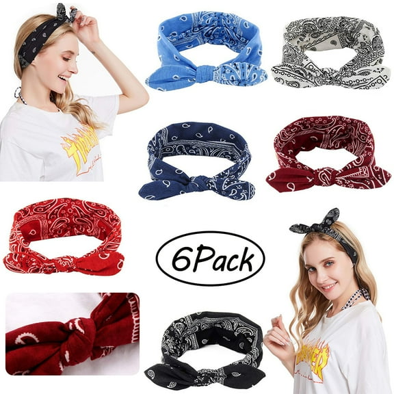LNKOO 6 Pack Boho Bow Headbands for Women Vintage Bandana Flower Printed Hairband Elastic Head Wrap Yoga Sport Shower Headbands Rabbit ear Head Wrap Cute Hair Accessories