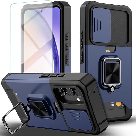 Starshop For Samsung Galaxy A17 5G Case Phone Cover Slide Camera Protection, Credit Card Slot & Ring Kickstand - Blue