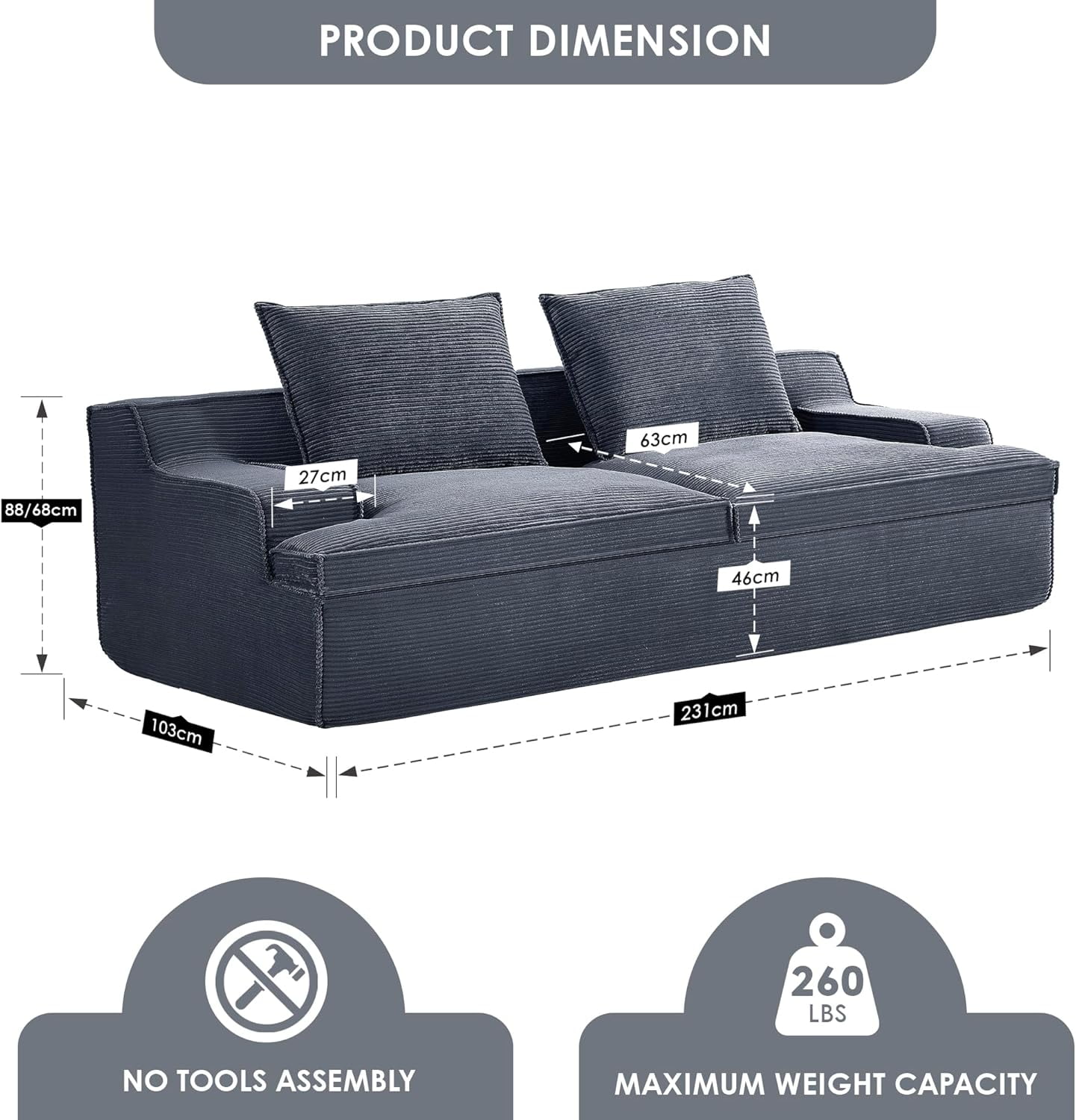 US Pride Furniture Oversized Foam 4-Seater 90 in Couch for Living Room in Soft Corduroy Fabric, No Assembly, Grey