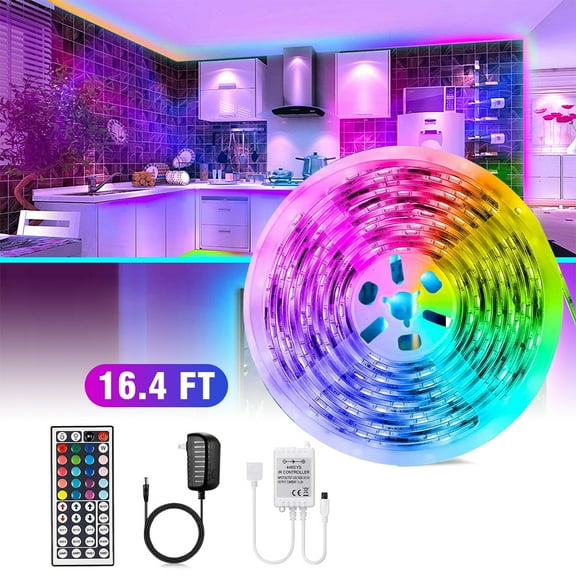 16.4ft 3528 RGB Led Strip Lights,5M 150 LEDs Rope Lights, IP65 Waterproof Color Changing with 16 Colors 8 Light,LED Light Strips Kit with 44 Keys IR Remote Controller and 12V Power Supply