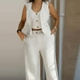 thumbnail image 5 of QATAINLAV 2 Piece Blazer Sets for Women Sleeveless Button V Neck Cropped Vest and Wide Leg Pants Work Office Business Casual Outfits, White, XL, Gifts for Mom, 5 of 9