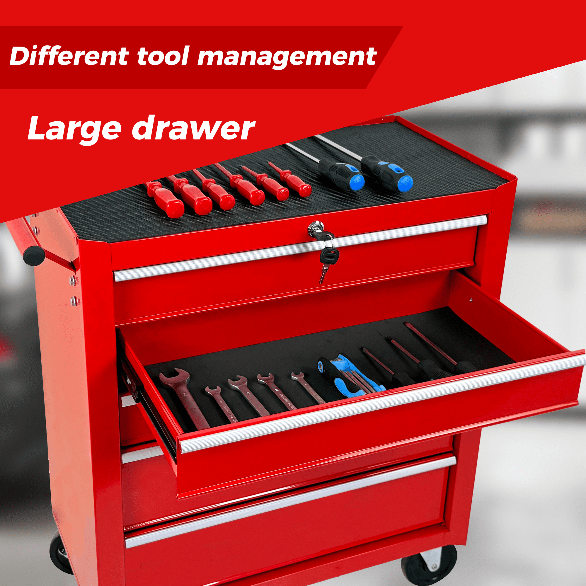 5-Drawer Rolling Tool Chest w/Lock & Key, Tool Storage Cabinet with Wheels, Top Cushion & Drawer Liners, Tool Organizer Box for Garage, Warehouse,RED