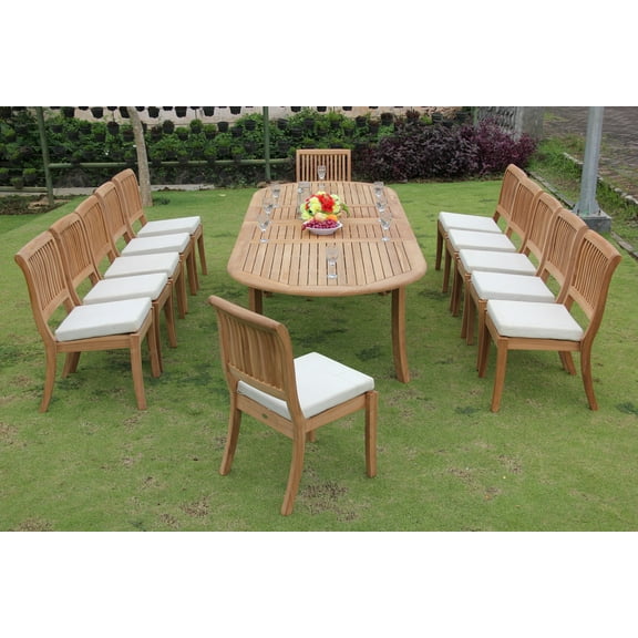 Teak Dining Set: 12 Seater 13 Pc: 117" Double Extensions Oval Dining Table & 12 Arbor Stacking Armless Chairs Outdoor Patio Grade-A Teak Wood WholesaleTeak #WMDSAB28