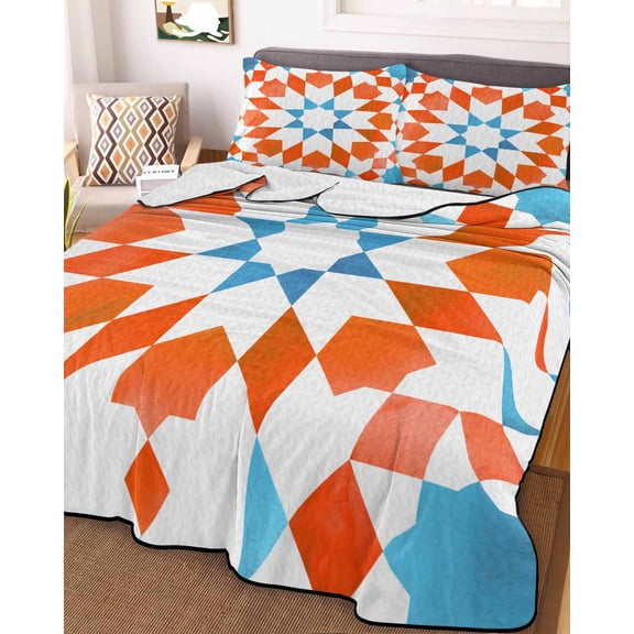 Orange Blue Boho Twin Size Down Alternative Comforter, Lightweight Comforter Quilt Bedding Set with Pillow Shams Modern Ethnic Abstract Geometric All Seasons Bed Comforter Duvet Insert 68"x86"