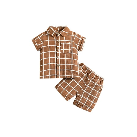 

Arvbitana Baby Boy Ramie Cotton Pajamas Set Short Sleeve Lapel Buttons Plaid Shirt + Elastic Waist Shorts Summer Casual Nightwear Contrast Color Sleepwear Outfit 2Pcs 0-3T