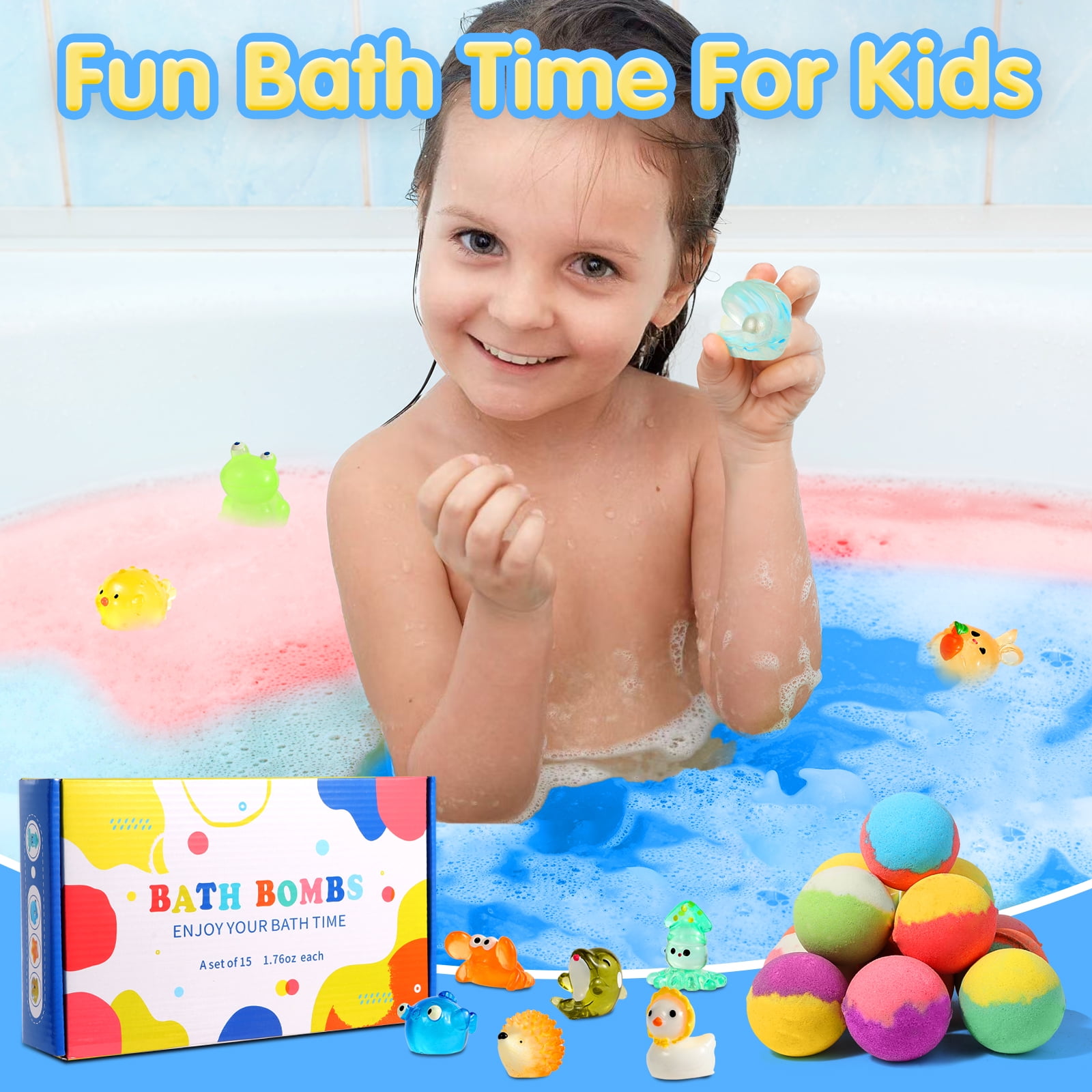 Vremou Bath Bombs for Kids, 15pcs Kids Bubble Bath with Surprise Toys Inside, Kids Friendly & Non-Toxic Fizzy for Girls Boys, Perfect Birthday Gift
