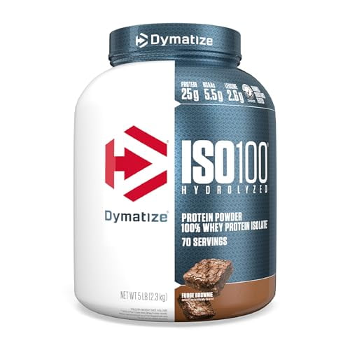 Aislado de proteína de suero en polvo Dymatize ISO100, brownie dulce de azúcar, 25 g de proteína, 5 libras, 5,5 g de BCAA, menos de 120 calorías, sin gluten, 1 g de grasa, 1 g de azúcar, 2 g de carboh