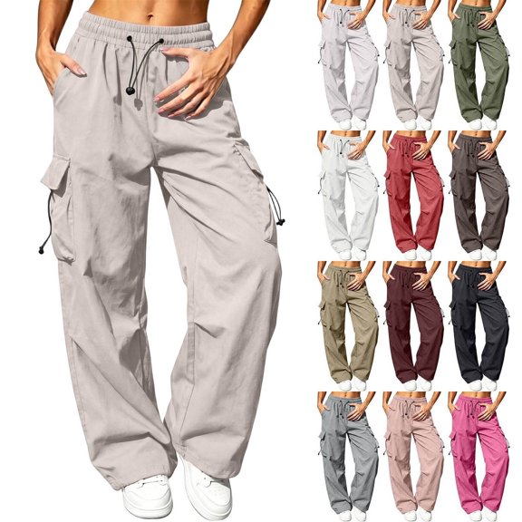 Hzzrkos Women Casual Loose Solid Color High Waist Multi-Pocket Wide Leg Long Cargo Pants for Daily Street Style