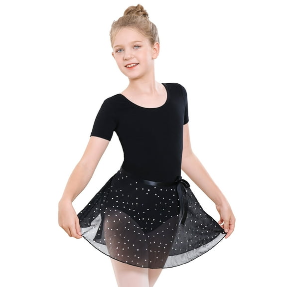 Stelle Ballet Shrot Sleeve Leotard With Chiffon Sequins Skirt&Tights Ballet Dancewear Combo for Ballerina Girls,Blakc,5T